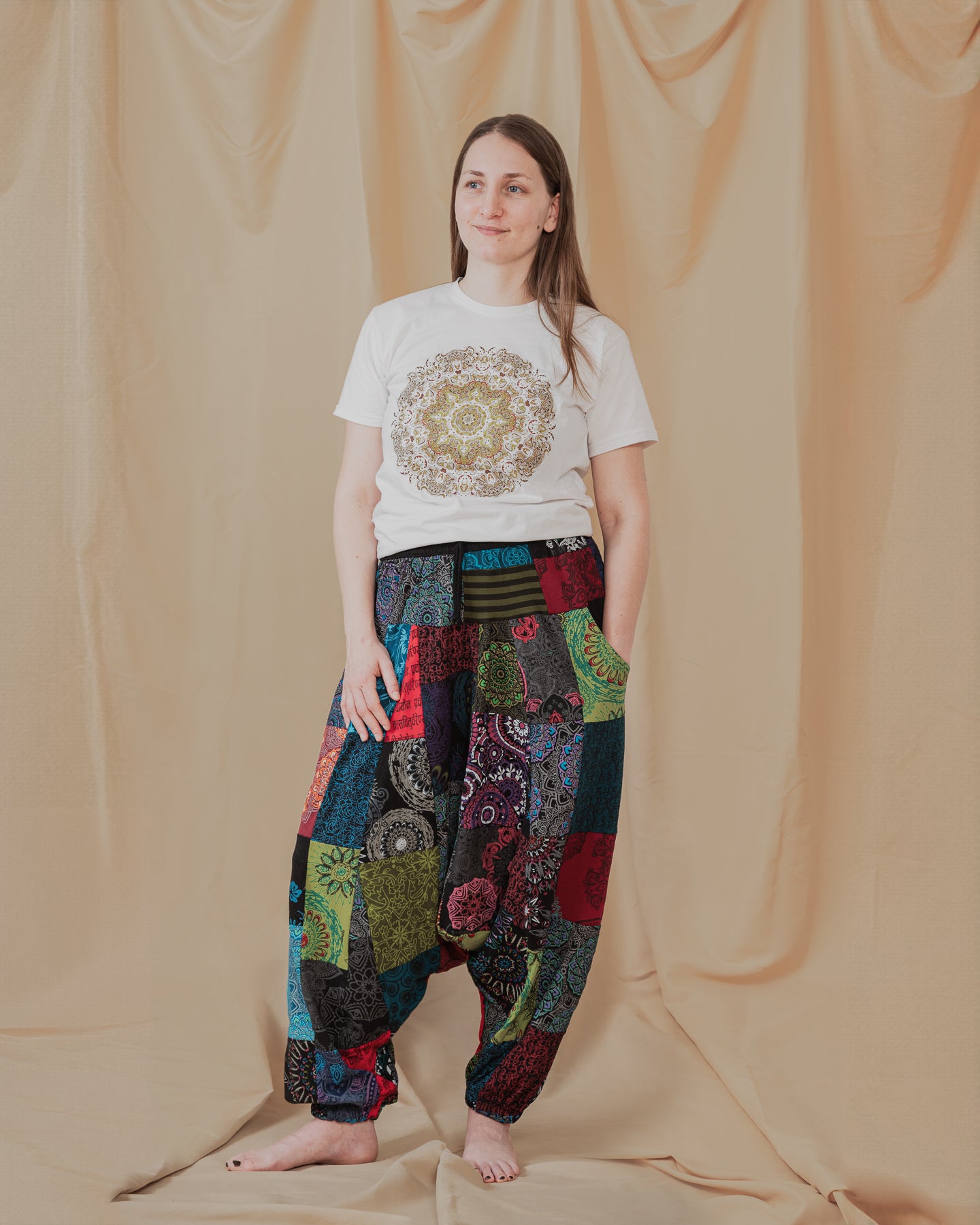 Woman wearing colourful harem pants