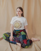 Woman wearing colourful harem pants