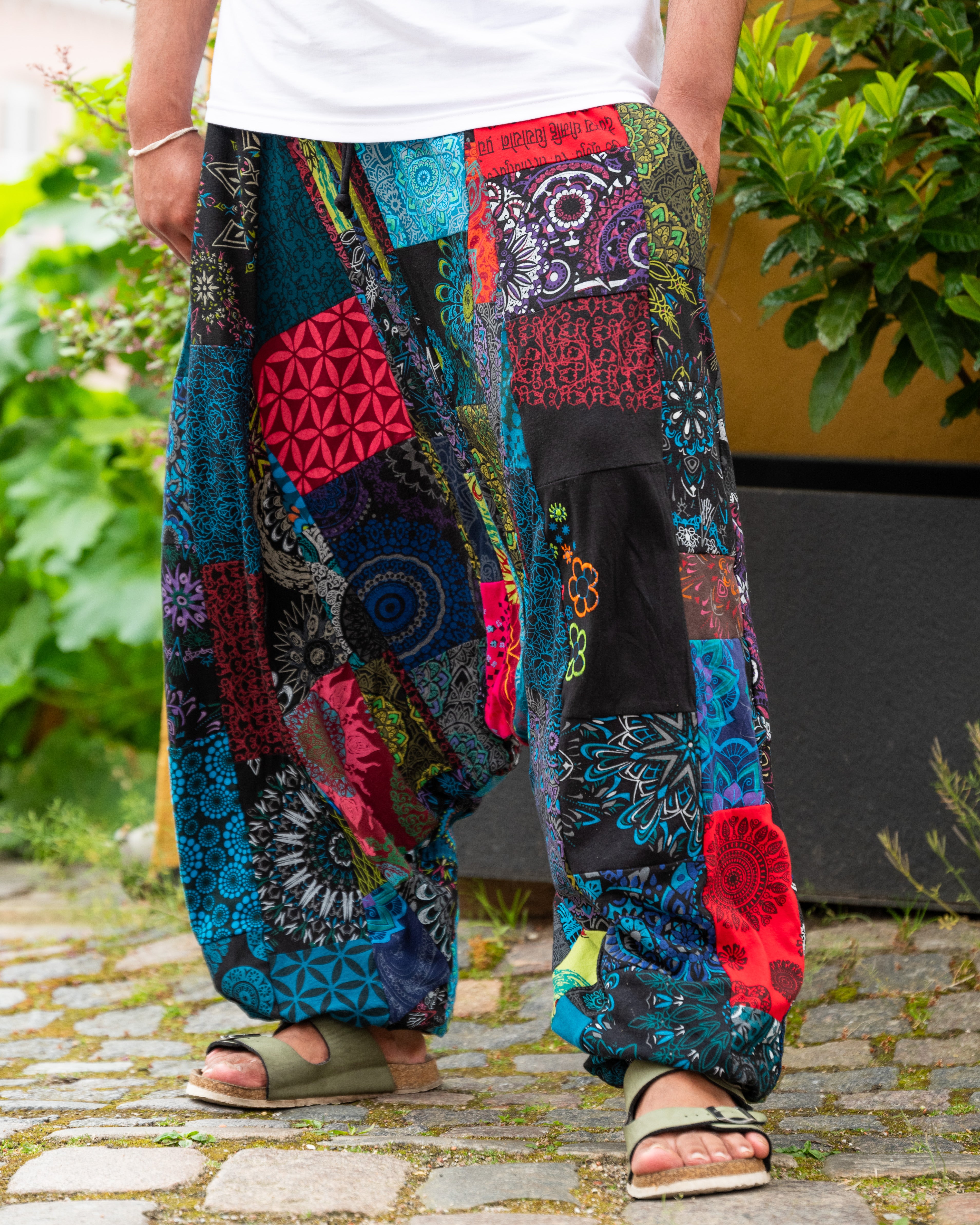 Man wearing colourful harem pants