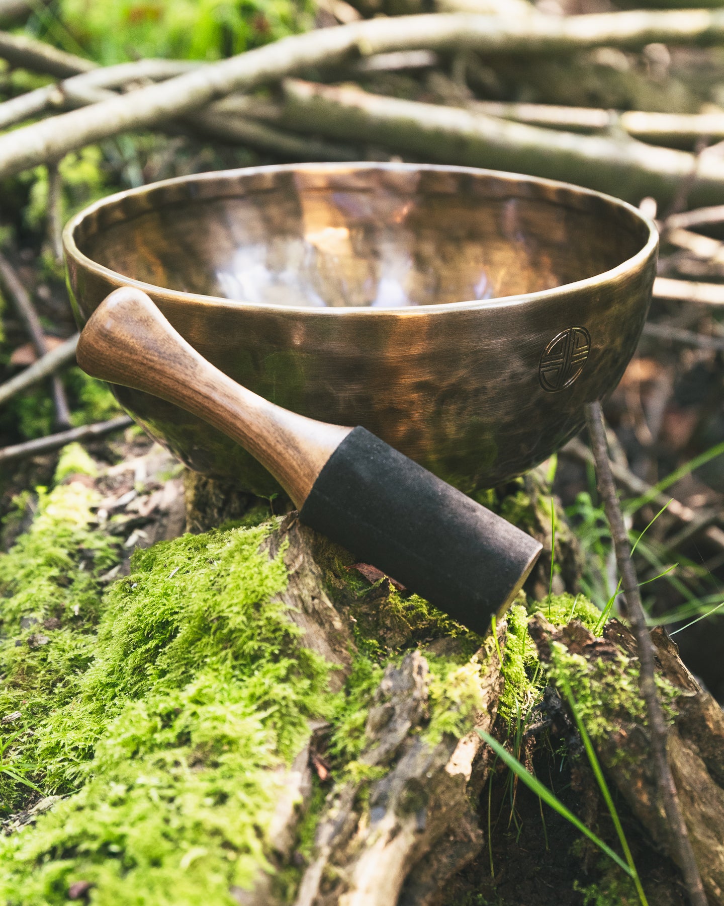 Singing bowl with mallet in nature