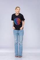 Colourful mandala t-shirt worn by woman