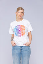 Colourful mandala t-shirt worn by woman