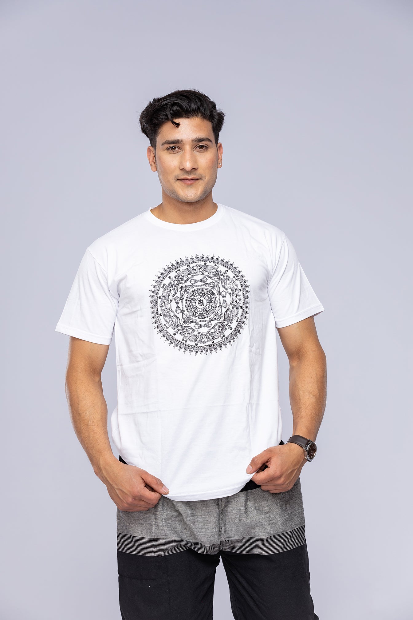 White mandala t-shirt on man