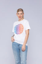 Colourful mandala t-shirt worn by woman