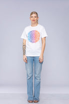 Colourful mandala t-shirt worn by woman