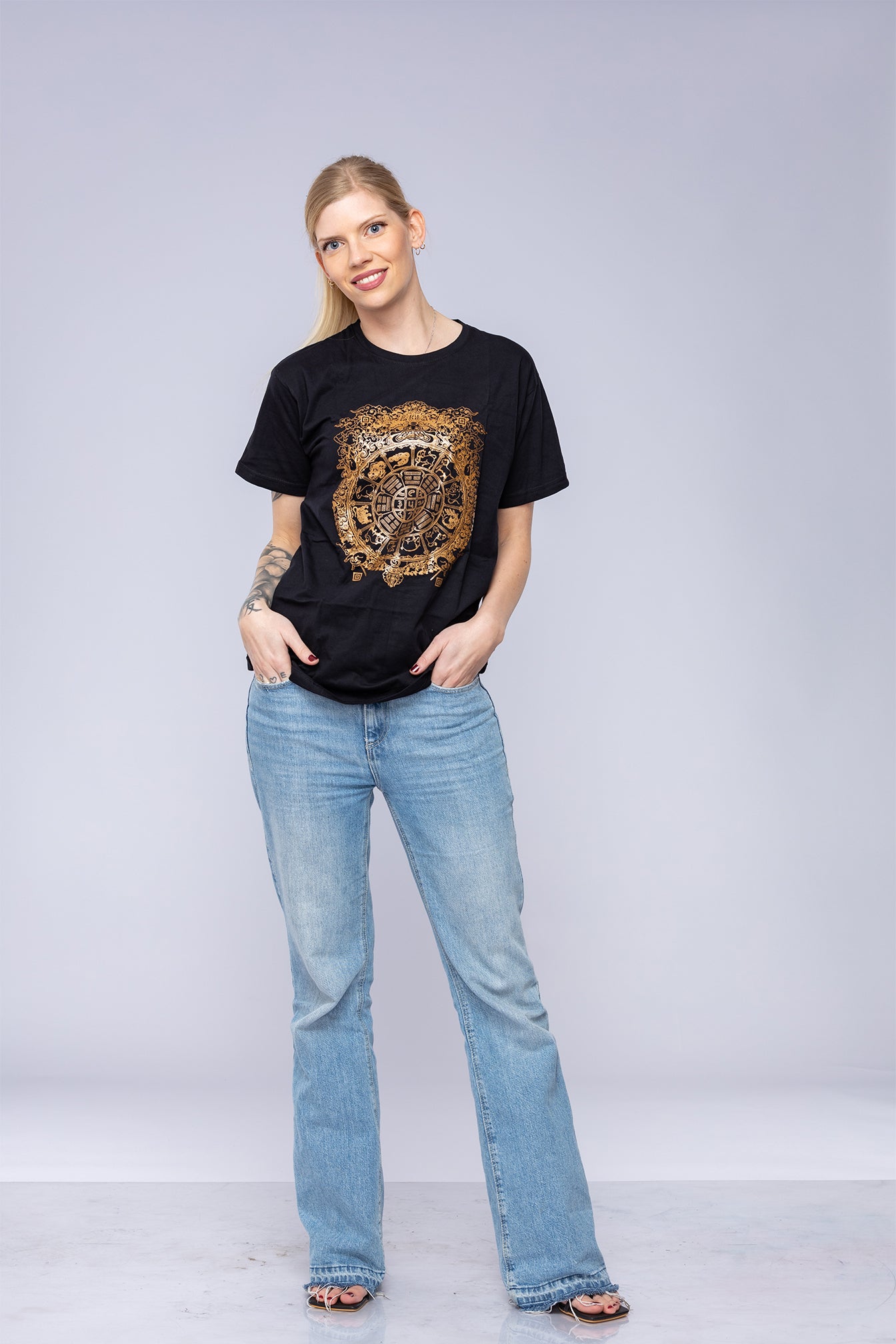 Woman wearring black Tibetan Mandala T-Shirt