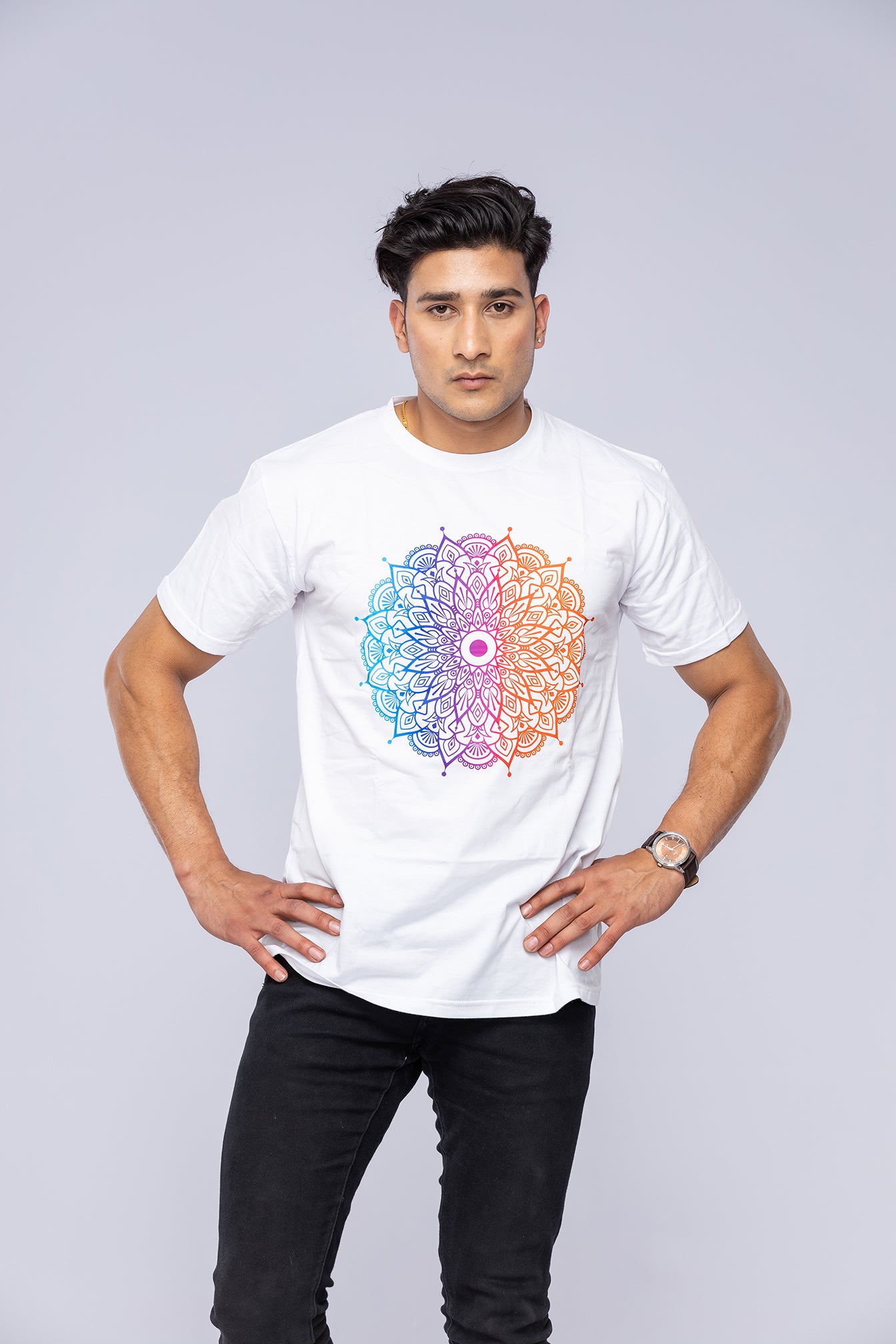 Colourful mandala t-shirt worn by man