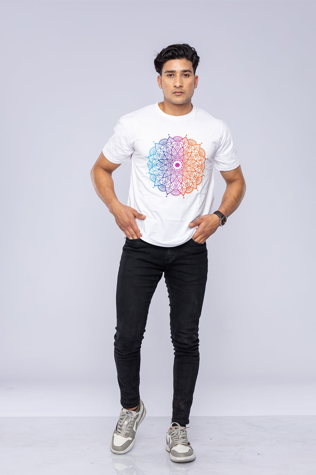 Colourful mandala t-shirt worn by man