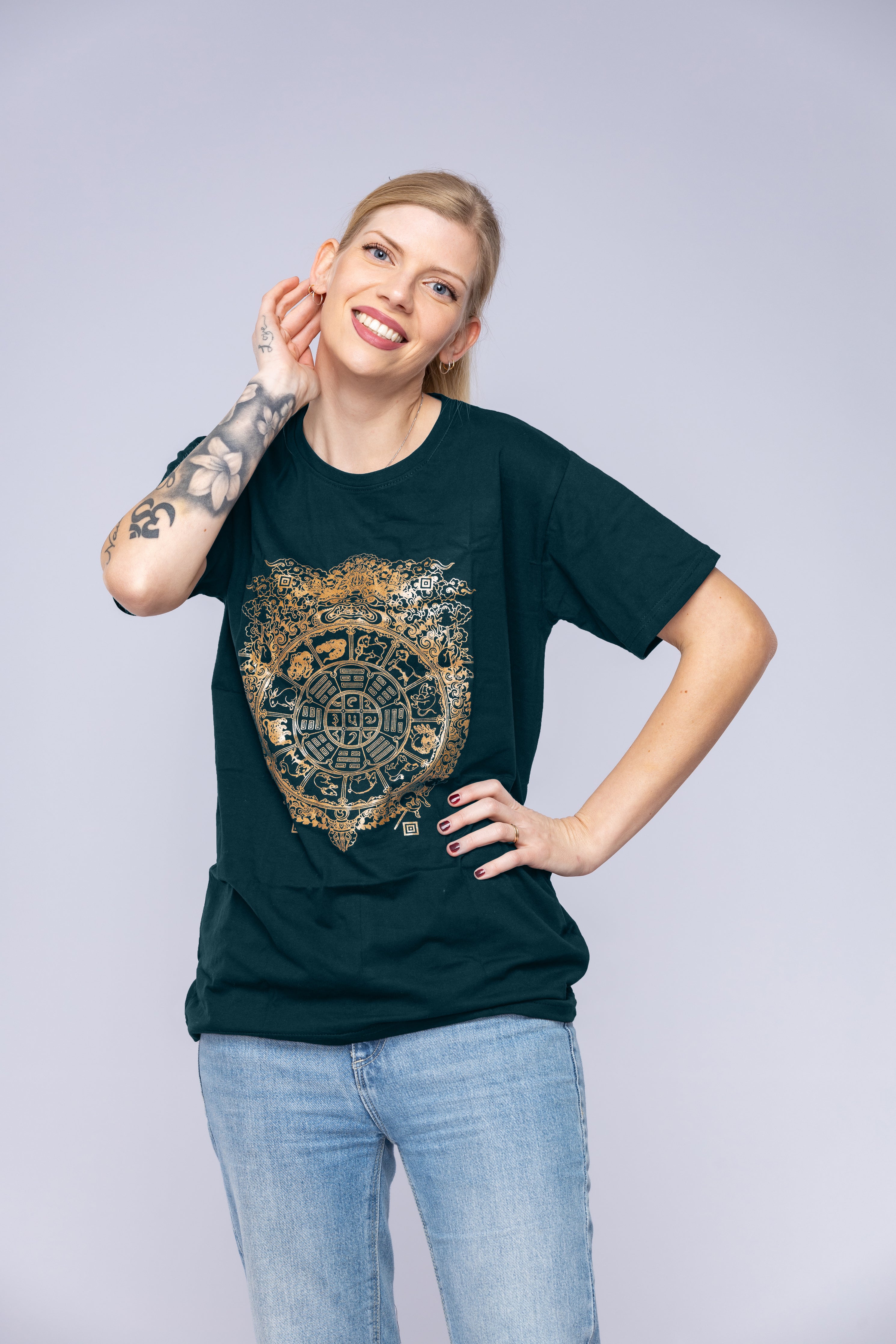 Woman wearring green Tibetan Mandala T-Shirt