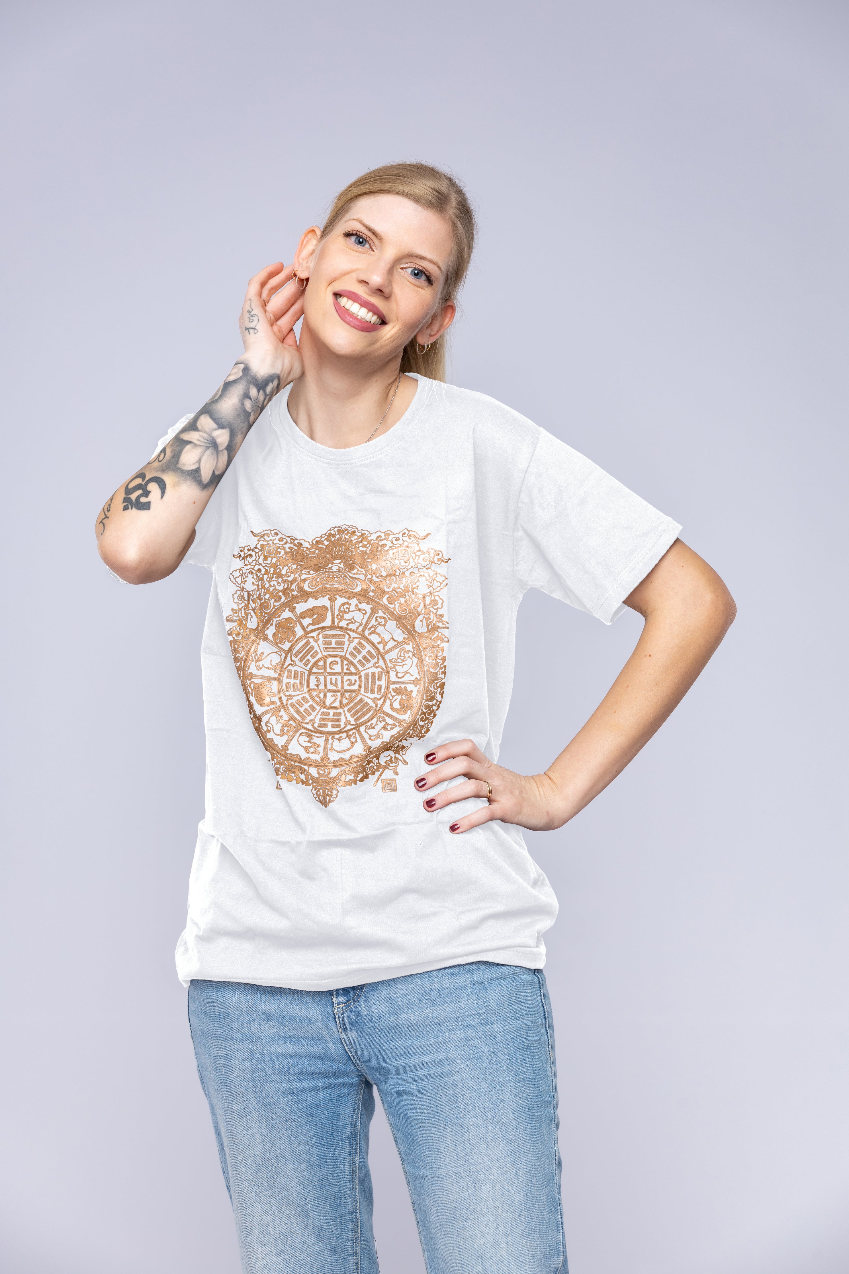 Woman wearring white Tibetan Mandala T-Shirt