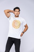 Man modelling a white mandala t-shirt