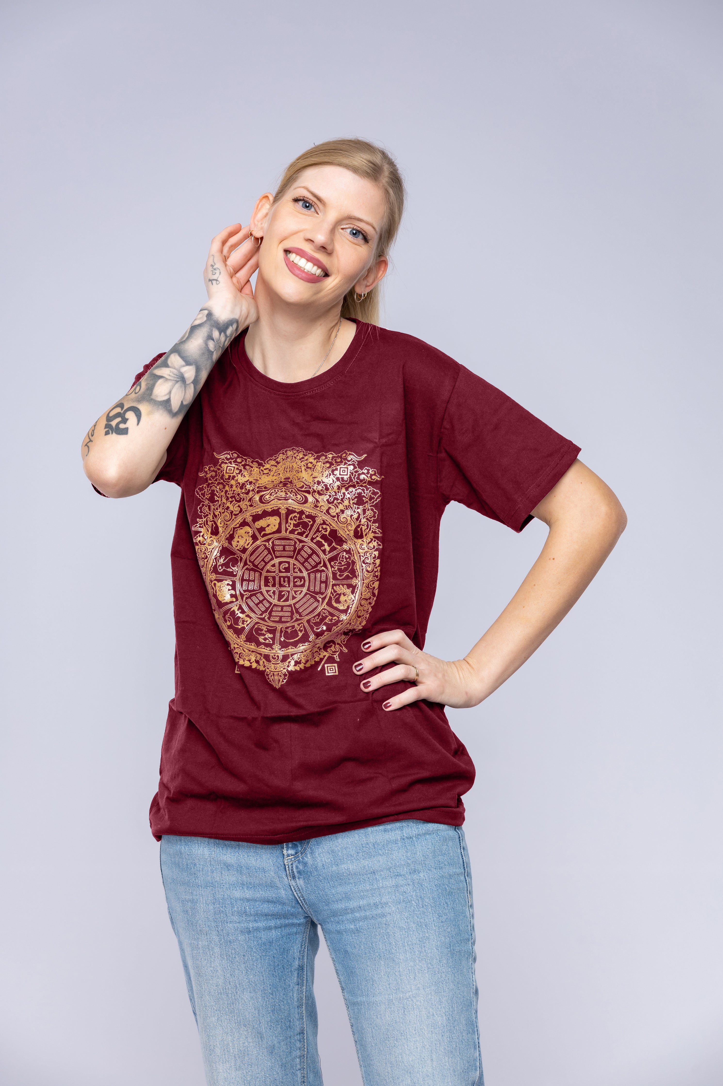 Woman wearring dark red Tibetan Mandala T-Shirt